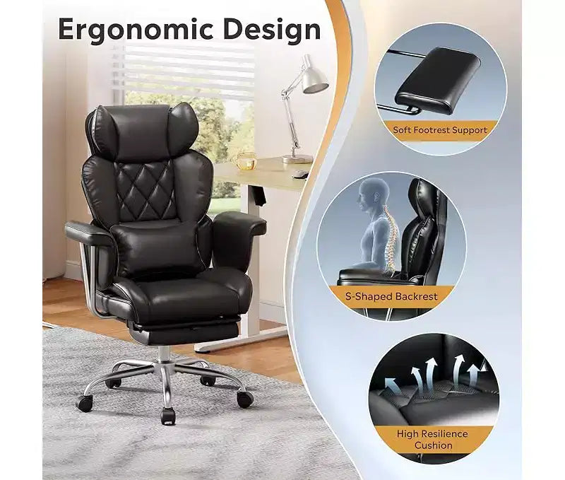 Fauteuil de bureau grand, à dossier haut, réglable, avec repose-pieds et soutien lombaire