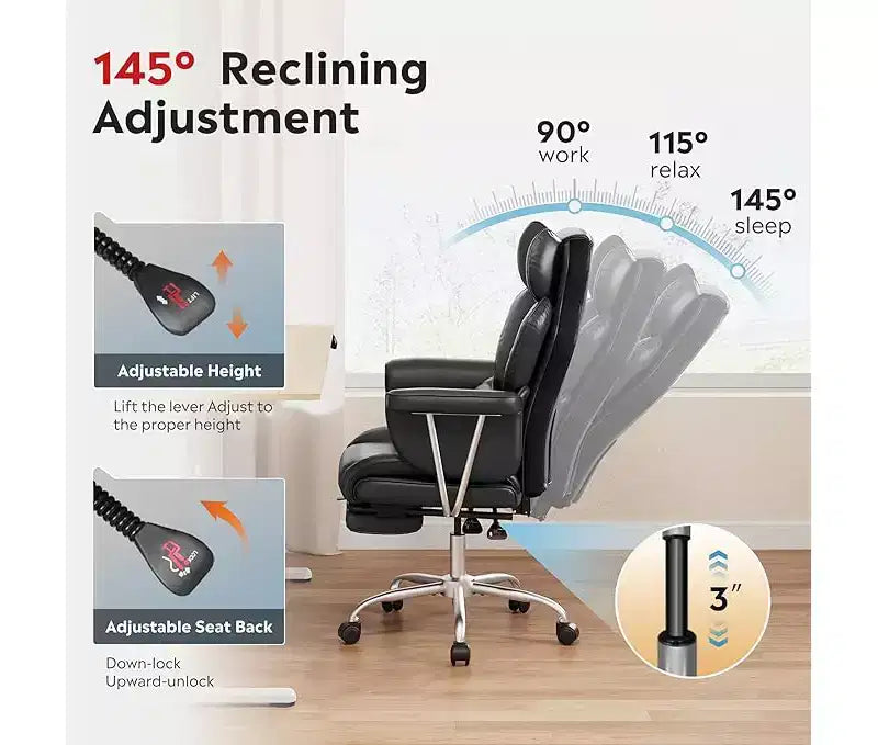Fauteuil de bureau grand, à dossier haut, réglable, avec repose-pieds et soutien lombaire