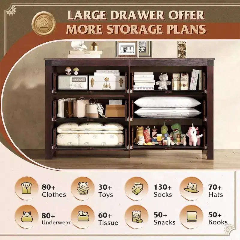 Une commode en bois à six tiroirs, de 134,8 cm de large, pouvant également servir de meuble TV, adaptée à un téléviseur de 60 pouces