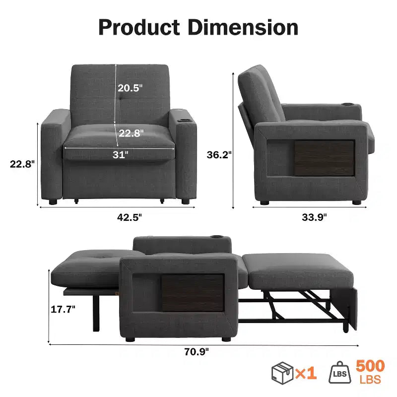 Fauteuil-lit 3 en 1, convertible 42,5 po de large avec lit gigogne, table d'appoint, porte-gobelet, dossier réglable et poches latérales