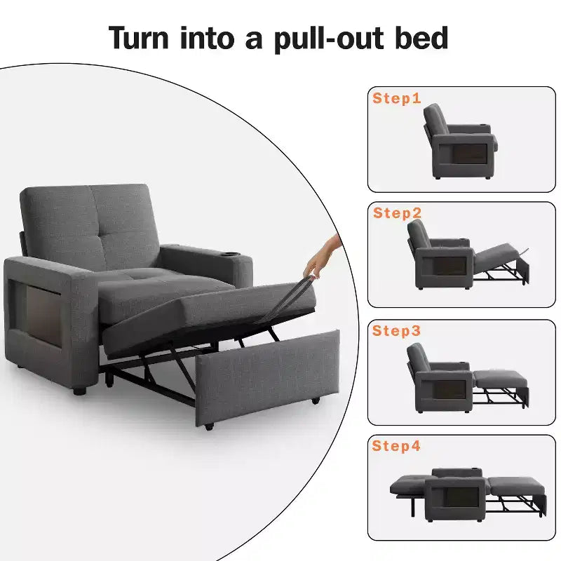 Fauteuil-lit 3 en 1, convertible 42,5 po de large avec lit gigogne, table d'appoint, porte-gobelet, dossier réglable et poches latérales