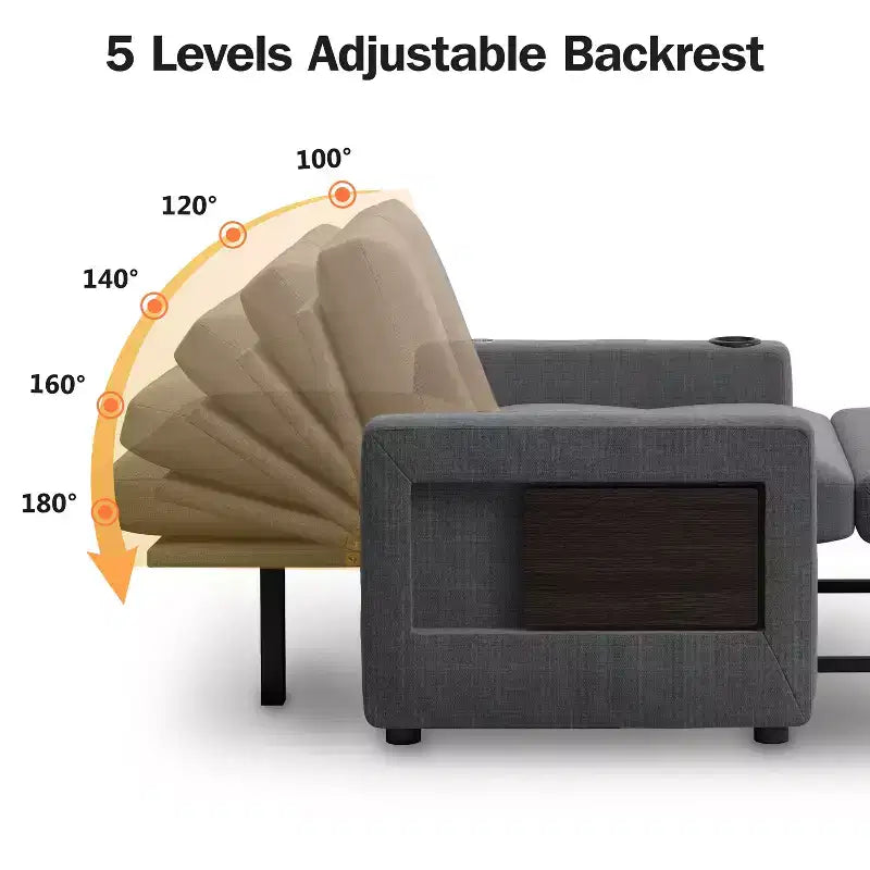 Fauteuil-lit 3 en 1, convertible 42,5 po de large avec lit gigogne, table d'appoint, porte-gobelet, dossier réglable et poches latérales