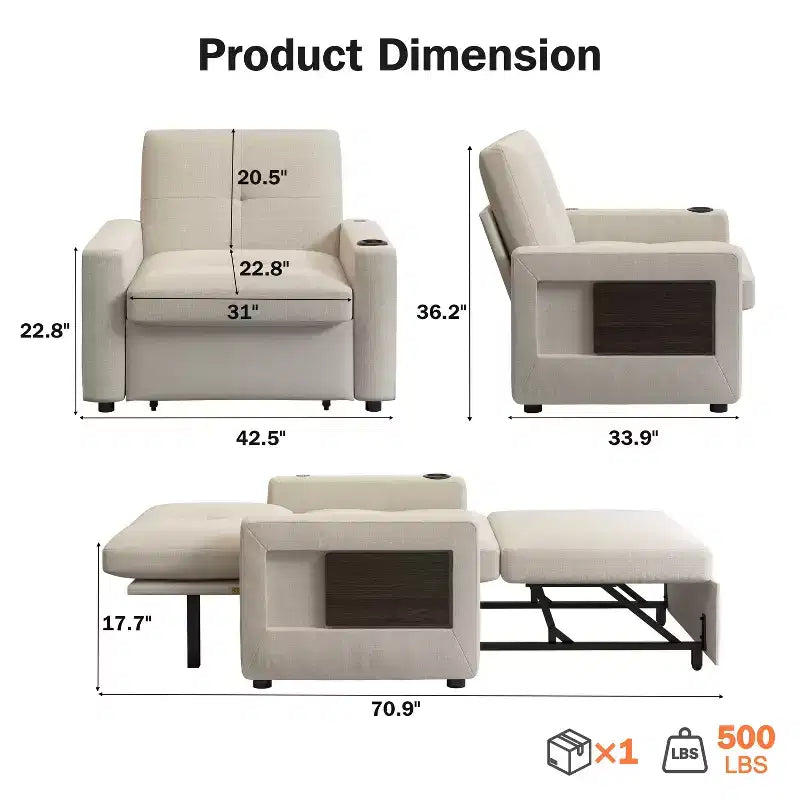 Fauteuil-lit 3 en 1, convertible 42,5 po de large avec lit gigogne, table d'appoint, porte-gobelet, dossier réglable et poches latérales