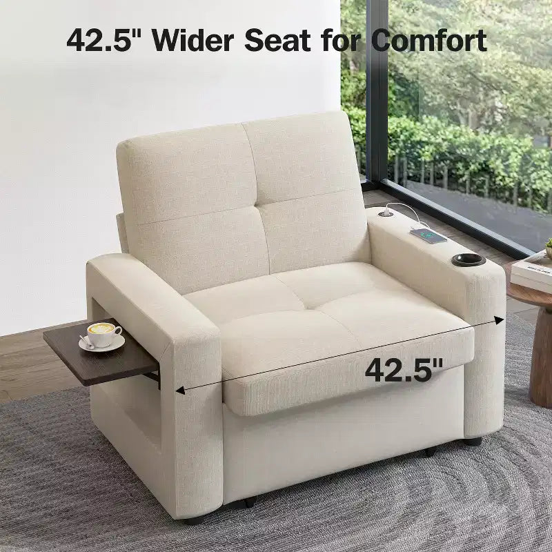 Fauteuil-lit 3 en 1, convertible 42,5 po de large avec lit gigogne, table d'appoint, porte-gobelet, dossier réglable et poches latérales