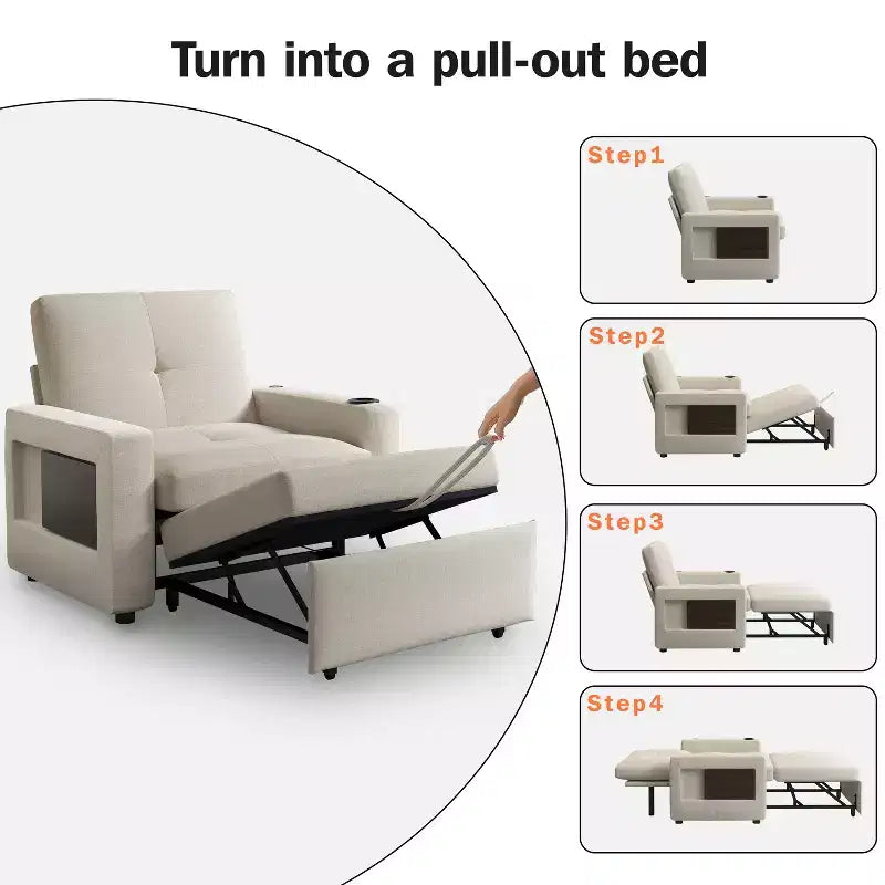 Fauteuil-lit 3 en 1, convertible 42,5 po de large avec lit gigogne, table d'appoint, porte-gobelet, dossier réglable et poches latérales