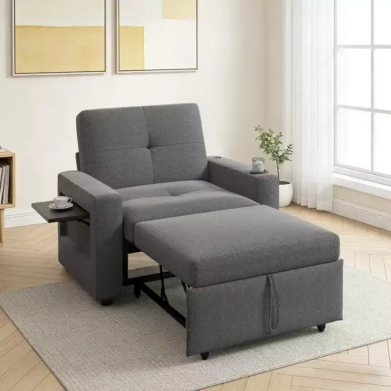 Fauteuil-lit 3 en 1, convertible 42,5 po de large avec lit gigogne, table d'appoint, porte-gobelet, dossier réglable et poches latérales