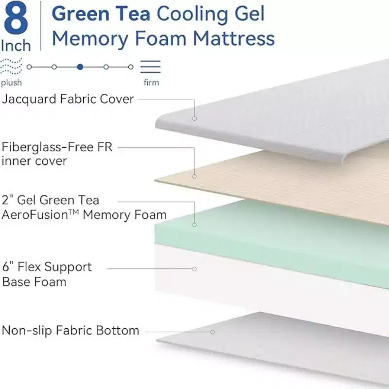 Matelas en mousse à mémoire de forme de 20-25 cm, matelas de lit rafraîchissant au thé vert/gel de fermeté moyenne en boîte pour campeurs, matelas anti-stress