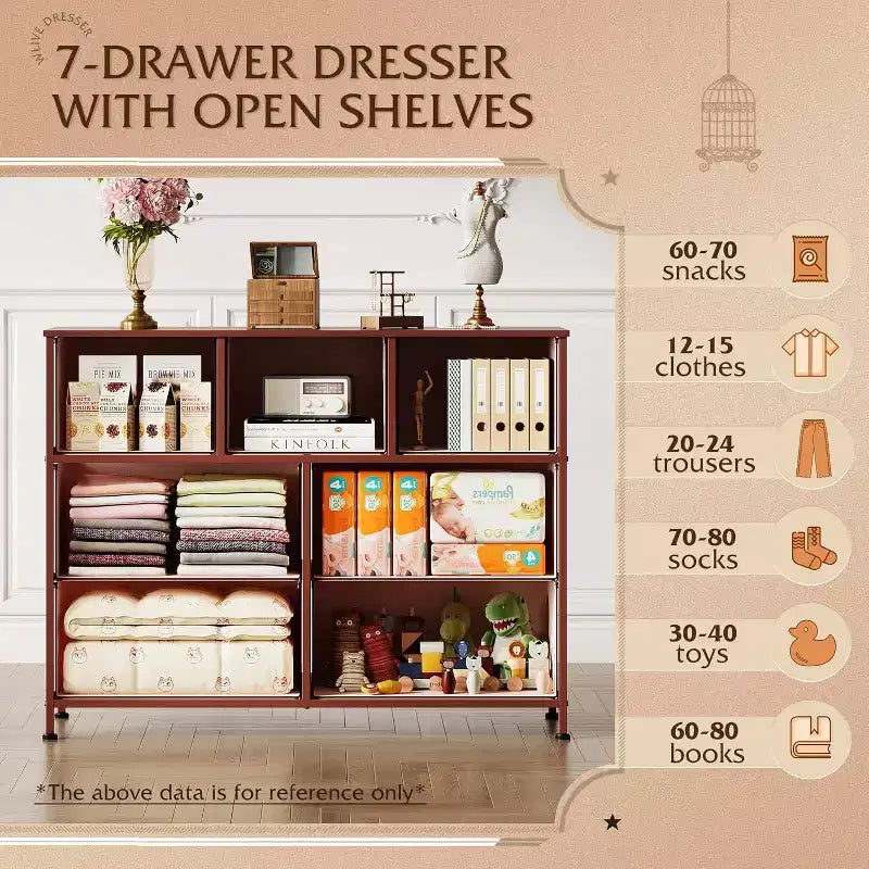 Commode/Meuble TV à 7 tiroirs, convient aux chambres, salons et entrées ; compatible avec les téléviseurs de 45 pouces