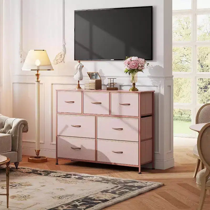 Commode/Meuble TV à 7 tiroirs, convient aux chambres, salons et entrées ; compatible avec les téléviseurs de 45 pouces