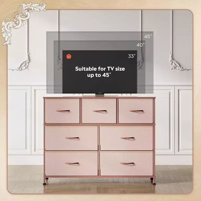 Commode/Meuble TV à 7 tiroirs, convient aux chambres, salons et entrées ; compatible avec les téléviseurs de 45 pouces