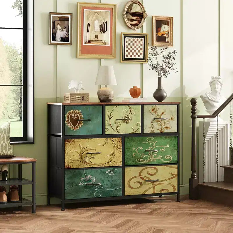 Commode/Meuble TV à 7 tiroirs, convient aux chambres, salons et entrées ; compatible avec les téléviseurs de 45 pouces