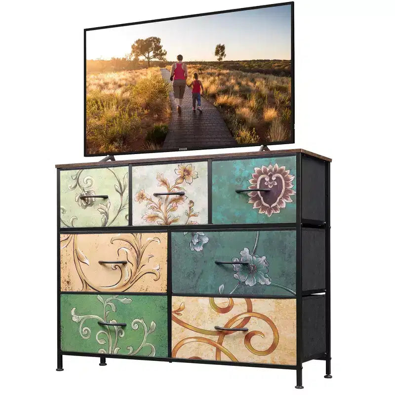 Commode/Meuble TV à 7 tiroirs, convient aux chambres, salons et entrées ; compatible avec les téléviseurs de 45 pouces