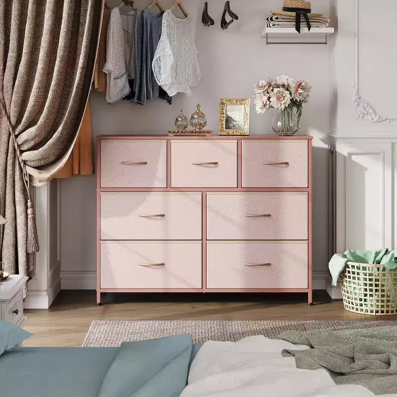 Commode/Meuble TV à 7 tiroirs, convient aux chambres, salons et entrées ; compatible avec les téléviseurs de 45 pouces