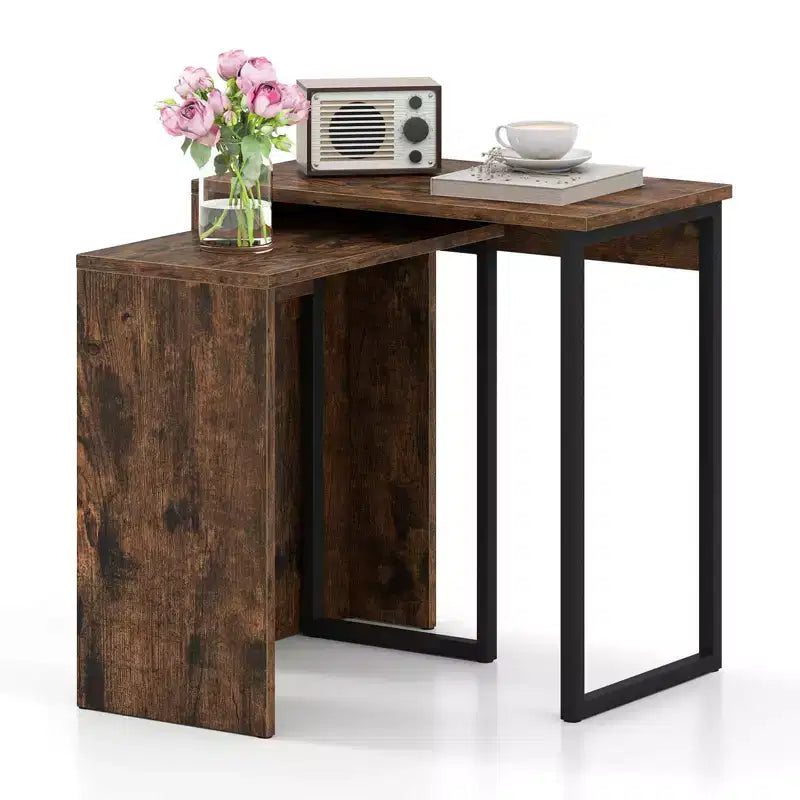 Costway Set of 2,Nesting Coffee Table 2-in-1 Faux Wood Top Sofa Side Table Rustic Brown