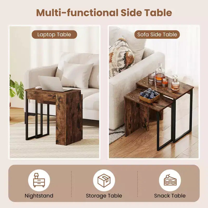 Table basse gigogne 2-en-1 plateau aspect bois table d'appoint pour canapé marron rustique