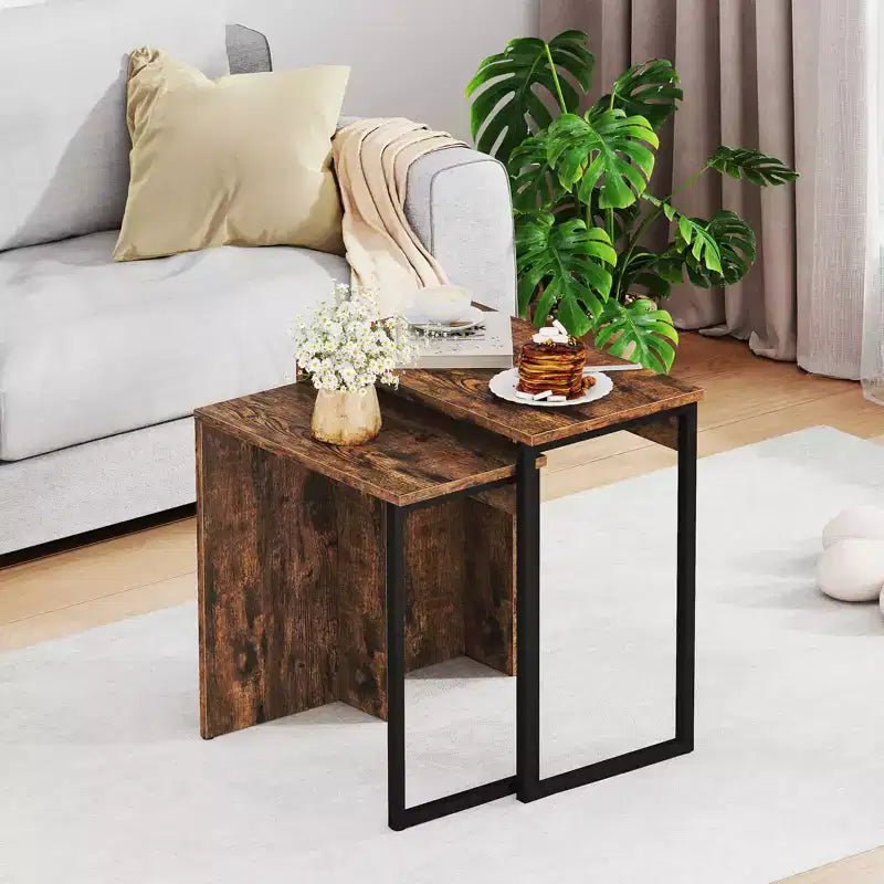 Table basse gigogne 2-en-1 plateau aspect bois table d'appoint pour canapé marron rustique
