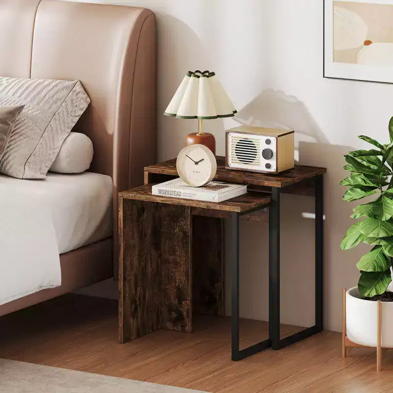 Table basse gigogne 2-en-1 plateau aspect bois table d'appoint pour canapé marron rustique