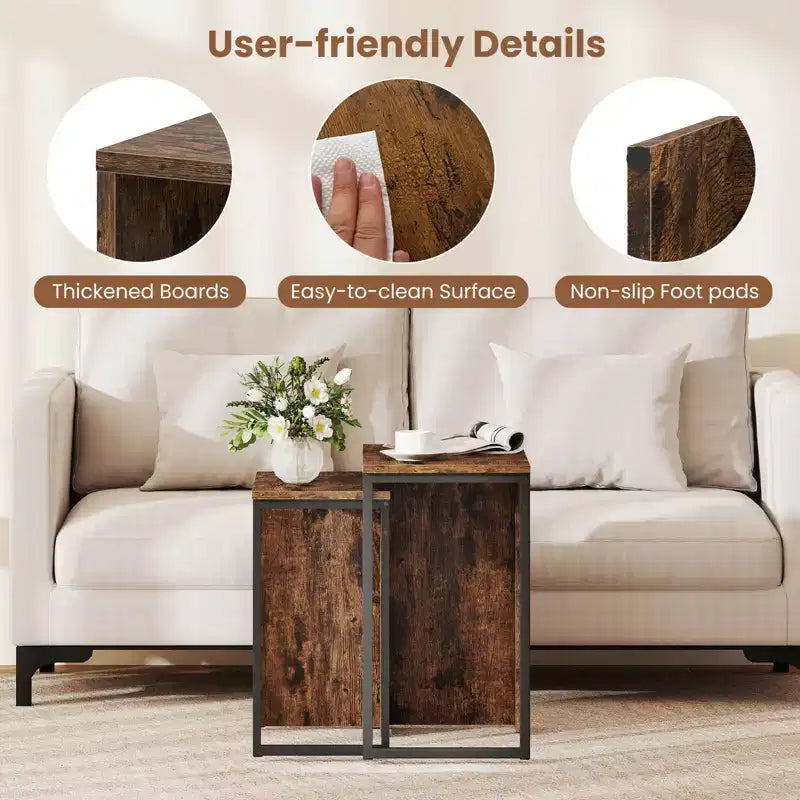 Table basse gigogne 2-en-1 plateau aspect bois table d'appoint pour canapé marron rustique