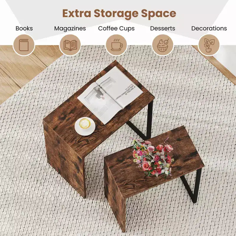 Table basse gigogne 2-en-1 plateau aspect bois table d'appoint pour canapé marron rustique