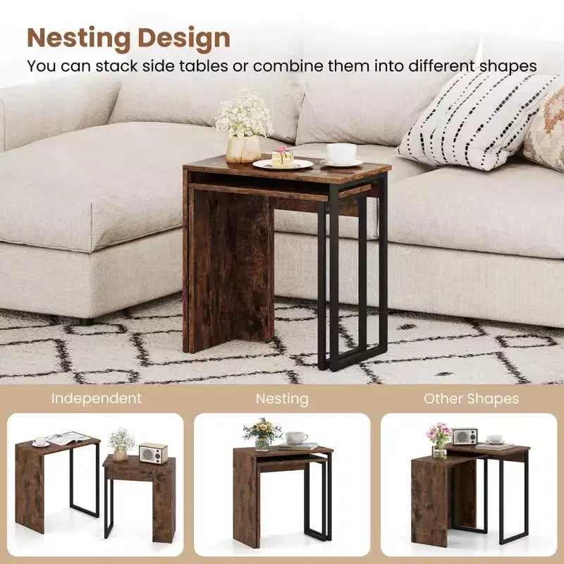Table basse gigogne 2-en-1 plateau aspect bois table d'appoint pour canapé marron rustique