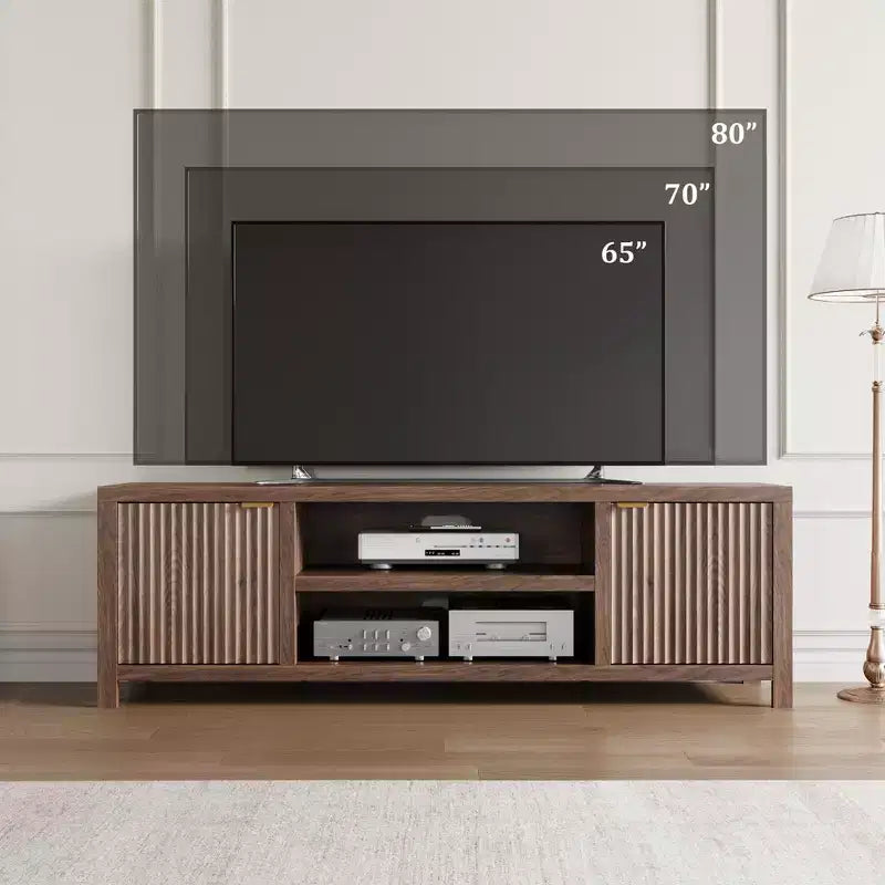Meuble TV encastré pour téléviseurs de 80 pouces, meuble console média en bois avec portes et poignées encastrées