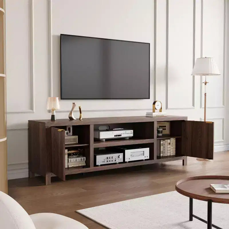 Meuble TV encastré pour téléviseurs de 80 pouces, meuble console média en bois avec portes et poignées encastrées