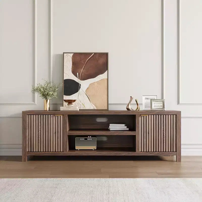 Meuble TV encastré pour téléviseurs de 80 pouces, meuble console média en bois avec portes et poignées encastrées