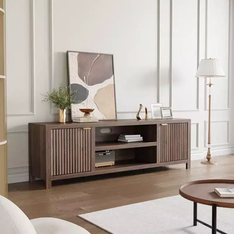 Meuble TV encastré pour téléviseurs de 80 pouces, meuble console média en bois avec portes et poignées encastrées