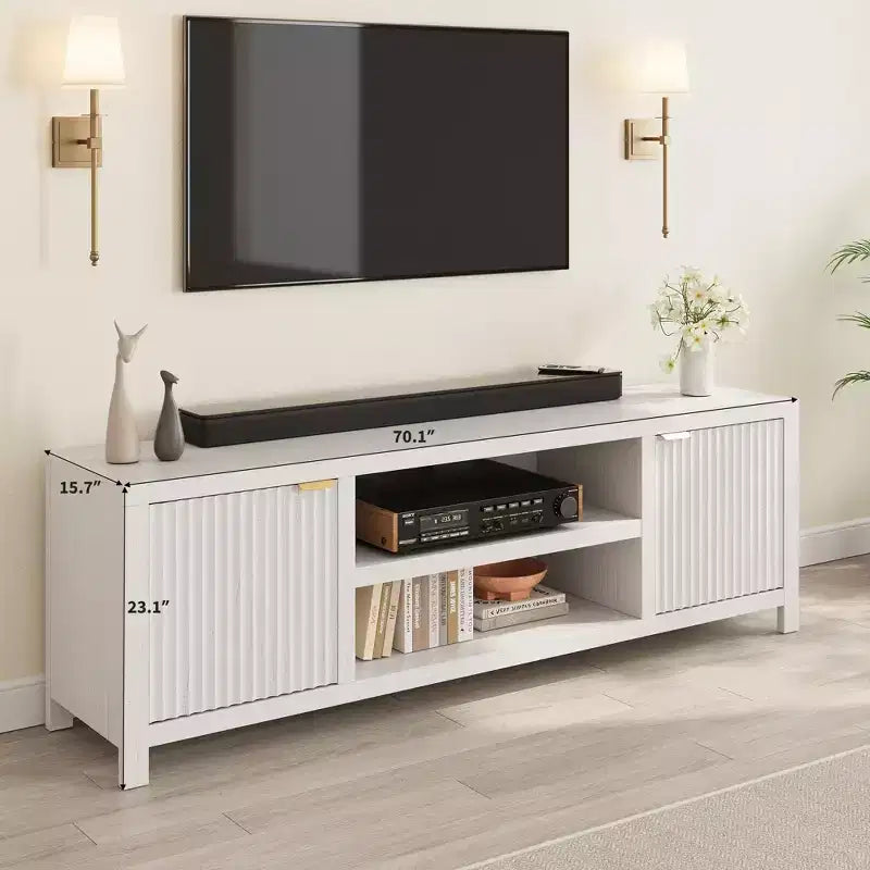 Meuble TV encastré pour téléviseurs de 80 pouces, meuble console média en bois avec portes et poignées encastrées