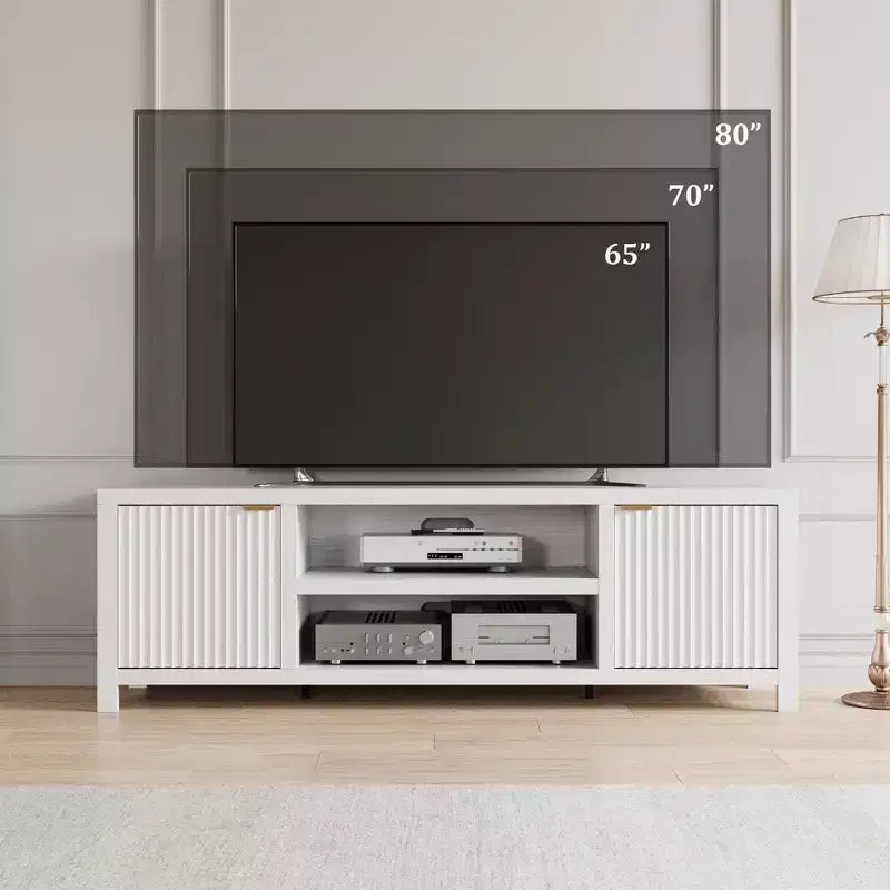 Meuble TV encastré pour téléviseurs de 80 pouces, meuble console média en bois avec portes et poignées encastrées