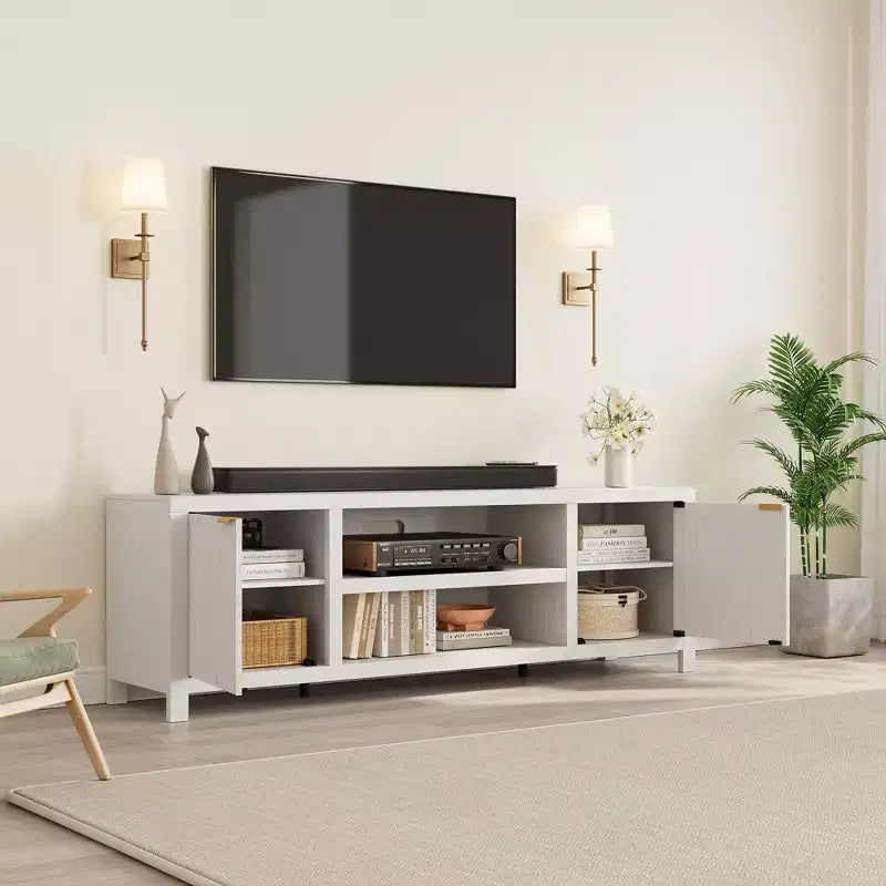 Meuble TV encastré pour téléviseurs de 80 pouces, meuble console média en bois avec portes et poignées encastrées
