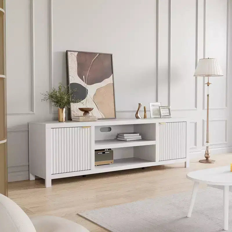 Meuble TV encastré pour téléviseurs de 80 pouces, meuble console média en bois avec portes et poignées encastrées