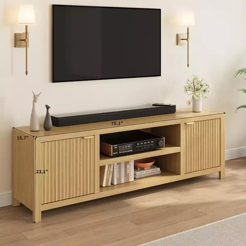 Meuble TV encastré pour téléviseurs de 80 pouces, meuble console média en bois avec portes et poignées encastrées
