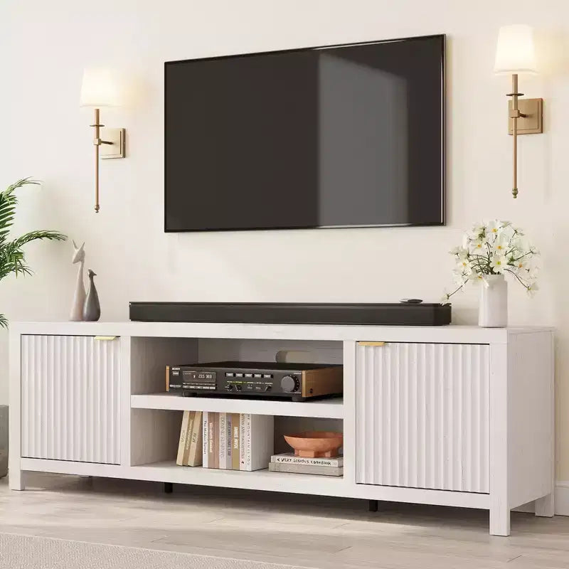Meuble TV encastré pour téléviseurs de 80 pouces, meuble console média en bois avec portes et poignées encastrées