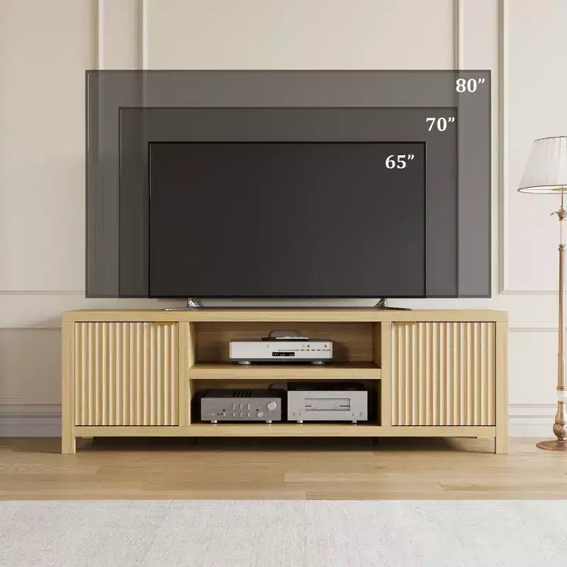 Meuble TV encastré pour téléviseurs de 80 pouces, meuble console média en bois avec portes et poignées encastrées