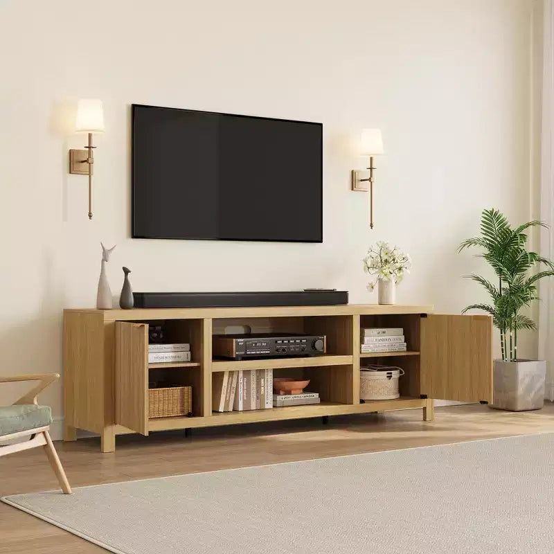 Meuble TV encastré pour téléviseurs de 80 pouces, meuble console média en bois avec portes et poignées encastrées