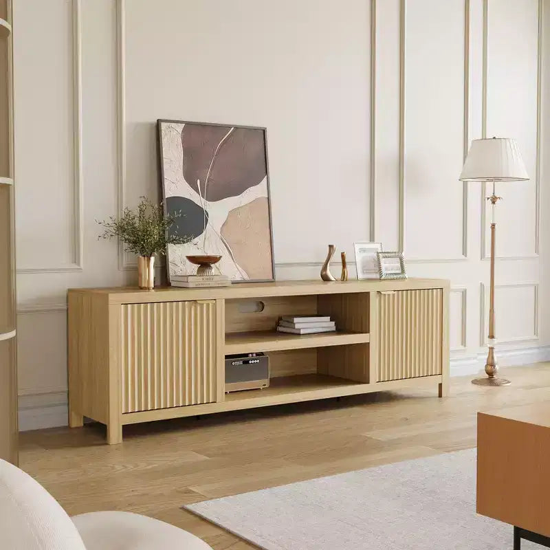 Meuble TV encastré pour téléviseurs de 80 pouces, meuble console média en bois avec portes et poignées encastrées