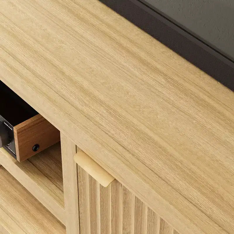 Meuble TV encastré pour téléviseurs de 80 pouces, meuble console média en bois avec portes et poignées encastrées