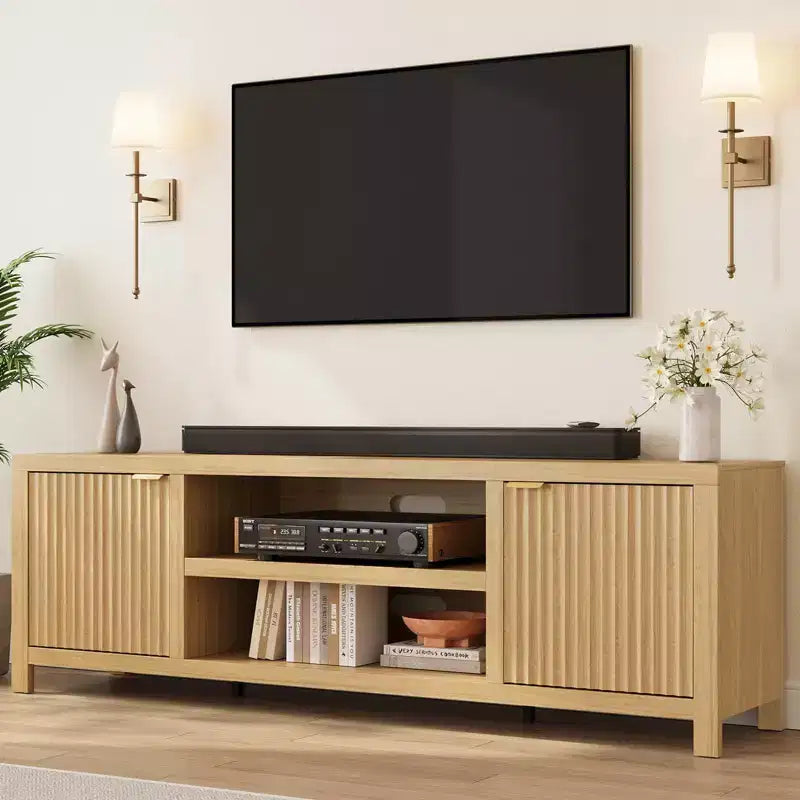 Meuble TV encastré pour téléviseurs de 80 pouces, meuble console média en bois avec portes et poignées encastrées
