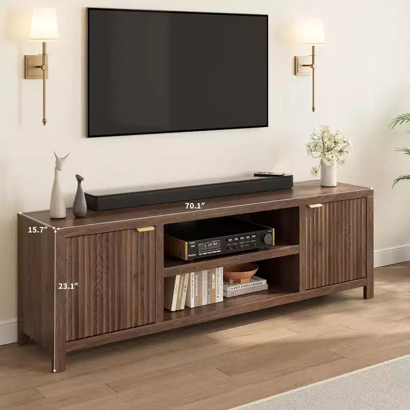 Meuble TV encastré pour téléviseurs de 80 pouces, meuble console média en bois avec portes et poignées encastrées