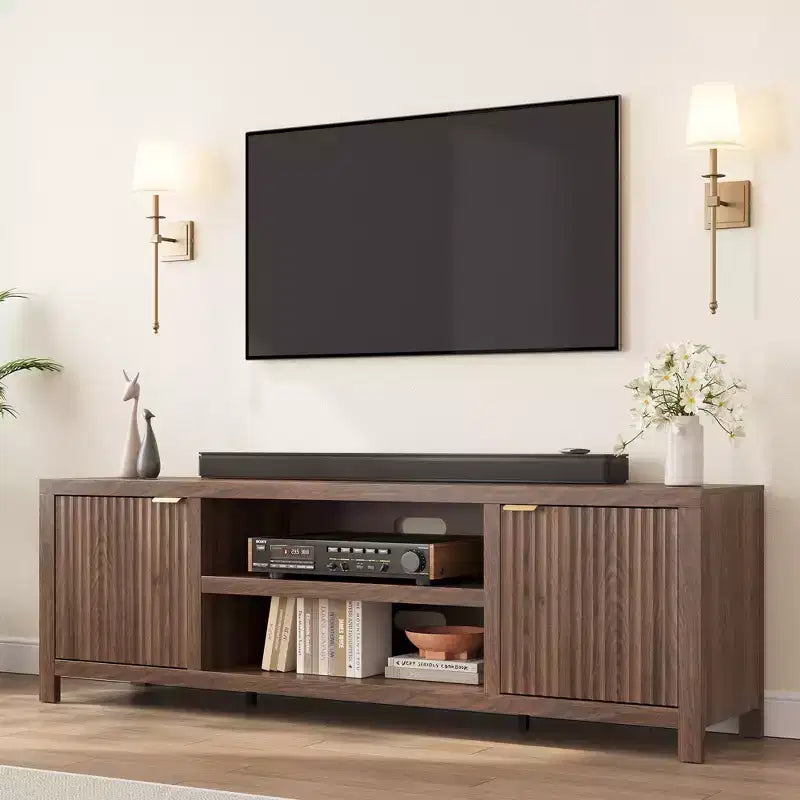 Meuble TV encastré pour téléviseurs de 80 pouces, meuble console média en bois avec portes et poignées encastrées