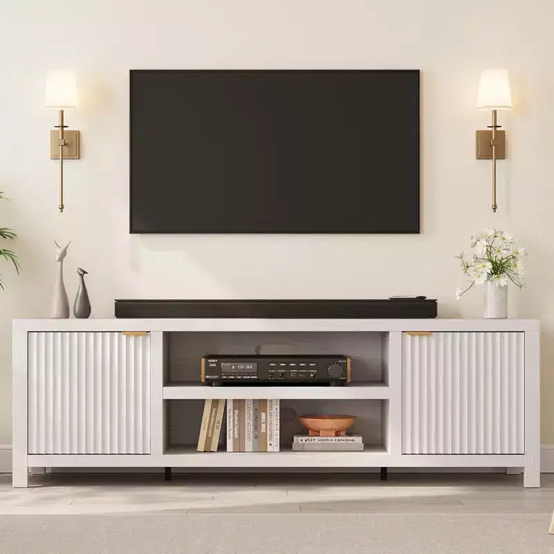 Meuble TV encastré pour téléviseurs de 80 pouces, meuble console média en bois avec portes et poignées encastrées