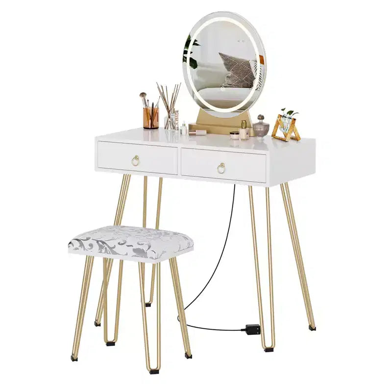 Coiffeuse avec tabouret, petite coiffeuse, éclairage réglable 3 modes, coiffeuse 32 pouces avec 2 tiroirs