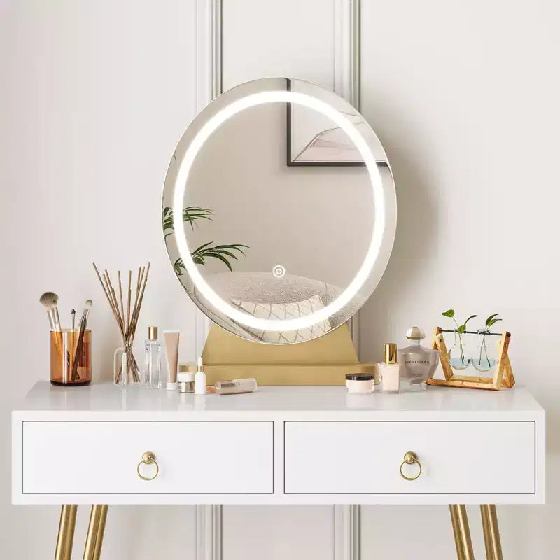 Coiffeuse avec tabouret, petite coiffeuse, éclairage réglable 3 modes, coiffeuse 32 pouces avec 2 tiroirs