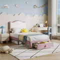 Pink Upholstered Twin Bed Frame with Scallop Headboard &amp; Storage Drawer, Platform Bed with Wooden Slats, No Box Spring Needed