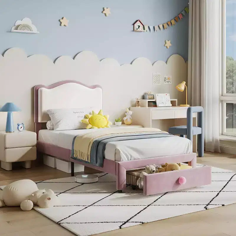 Pink Upholstered Twin Bed Frame with Scallop Headboard &amp; Storage Drawer, Platform Bed with Wooden Slats, No Box Spring Needed