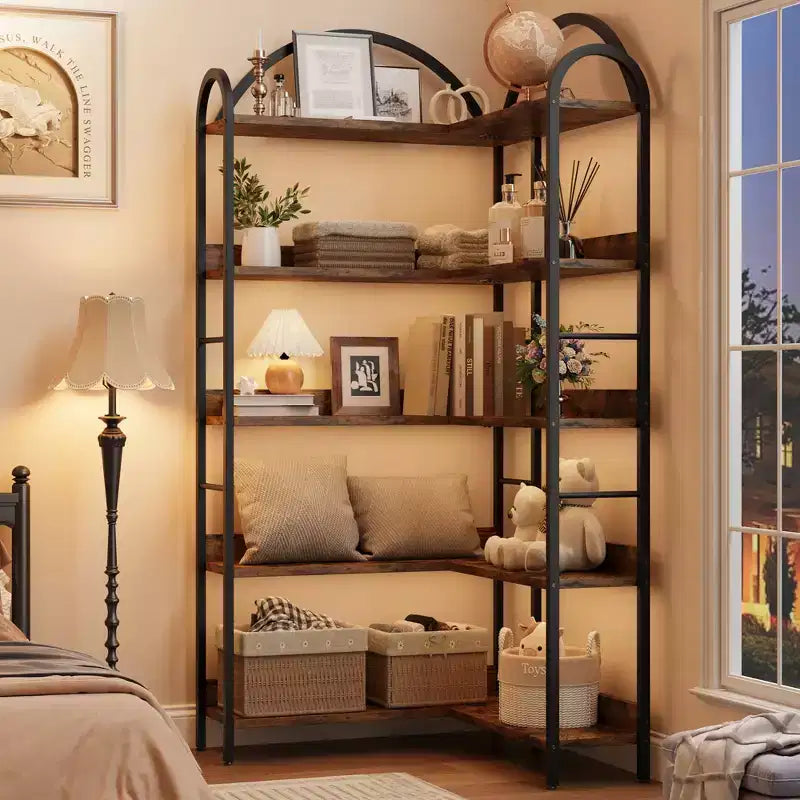 Étagère d'angle à cinq niveaux avec cadre en métal, idéale pour les salons, les chambres et les bureaux à domicile