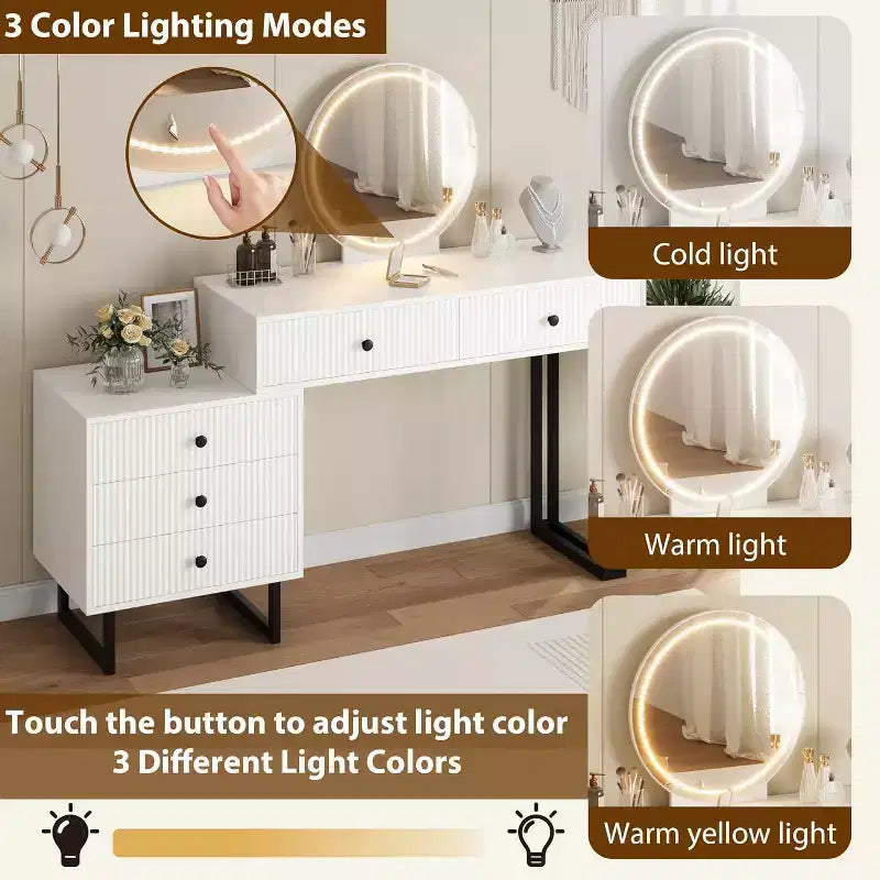 Une coiffeuse LED et un meuble de rangement coiffeuse avec éclairage tricolore