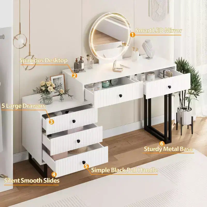 Une coiffeuse LED et un meuble de rangement coiffeuse avec éclairage tricolore