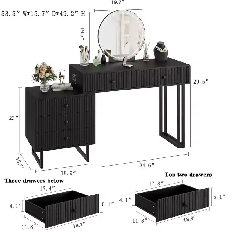 Une coiffeuse LED et un meuble de rangement coiffeuse avec éclairage tricolore